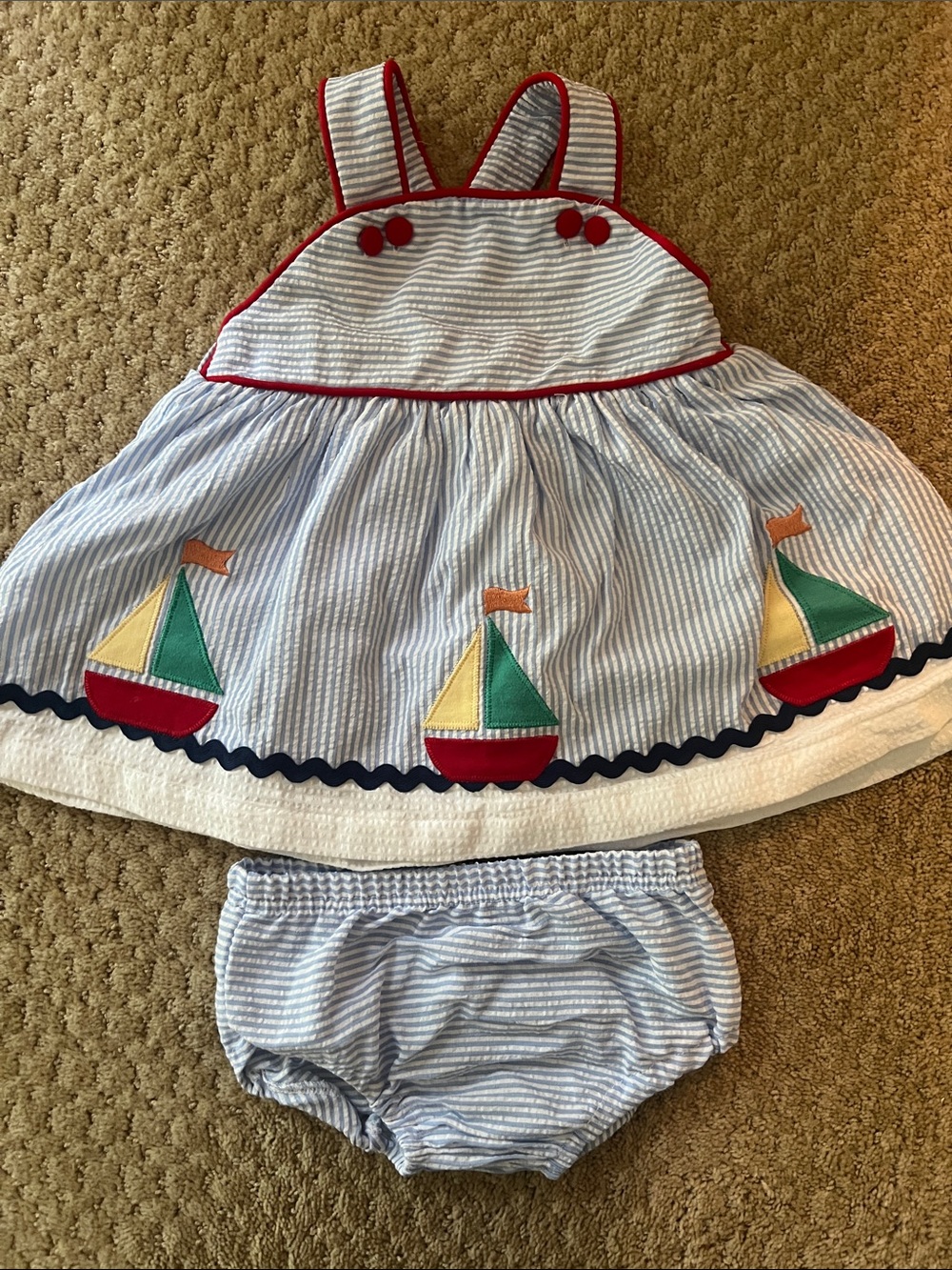 Banana Split Blue Seersucker Sailboat girl Dress Set with Bloomers